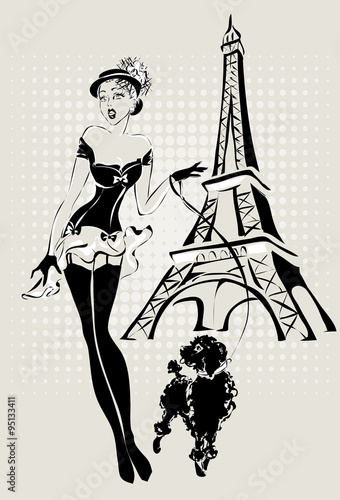 illustration Fashion woman near Eiffel Tower with little dog