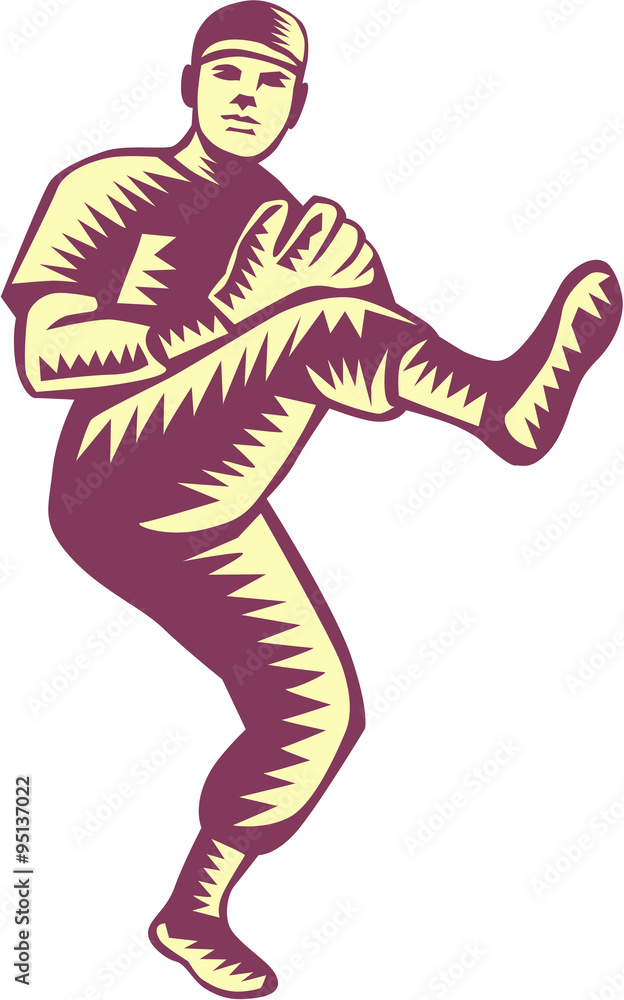 Fototapeta premium Baseball Pitcher Throwing Ball Woodcut