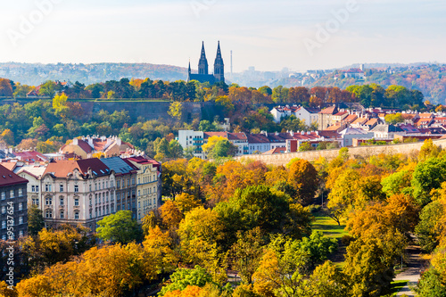 Photography view of prague in autumn taken from Nuselsky bridge captures typical local architecture from aerial perspective
