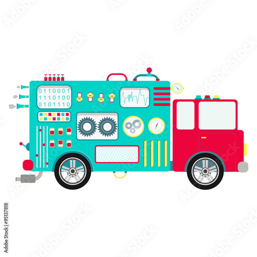 Mechanical truck body. Truck body shaped machine with buttons, panels and levers. Cute and abstract truck. Isolated. White background.