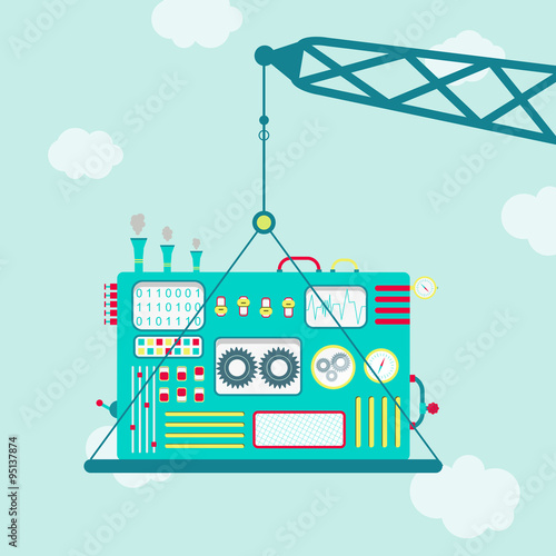 Crane with machine. Crane carrying a cute machine. Blue sky in the background.