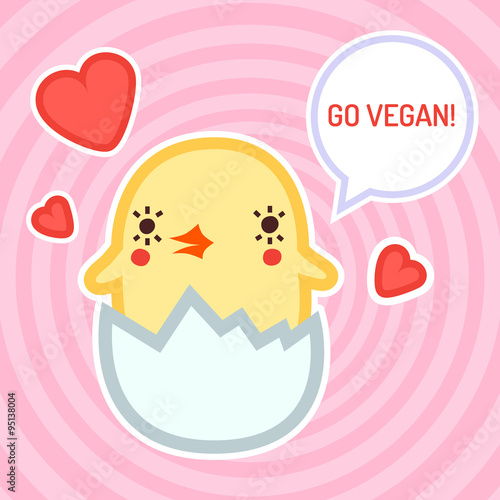 Go vegan vector card, background and stickers with cute chicken and hearts