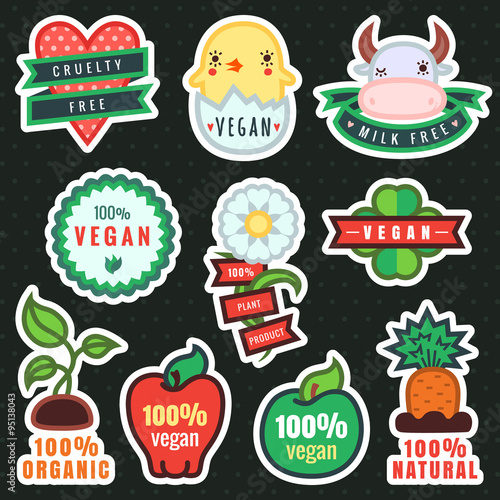 Multicolor vegan, plant and organic products stickers in vector