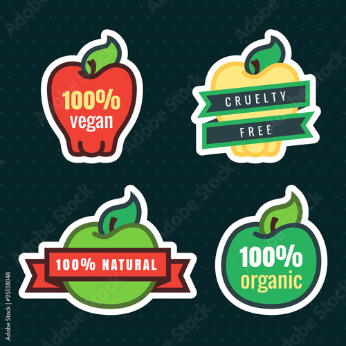 Multicolor vegan, cruelty free, natural and organic products apple stickers in vector