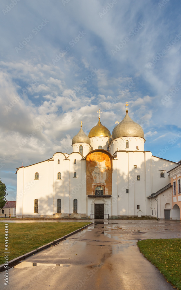 Velikiy Novgorod. Ancient architecture and Saint Sophia Cathedral in Novgorod Kremlin in the summer evening