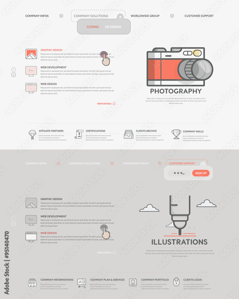 Website template elements: Set of two homepage templates for personal or company business portfolio with concept icons.