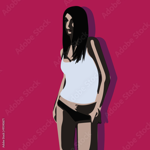Sexy brunette in undershirt and panties. Vector drawn