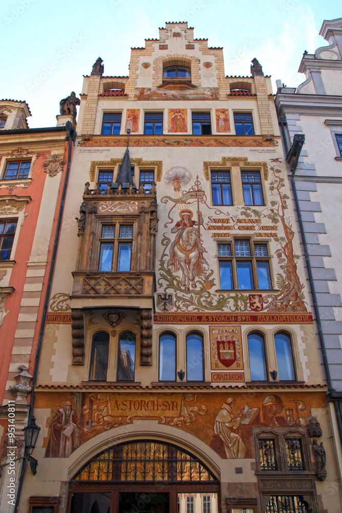 Historical building facade with fresco Art Nouveau style,Prague