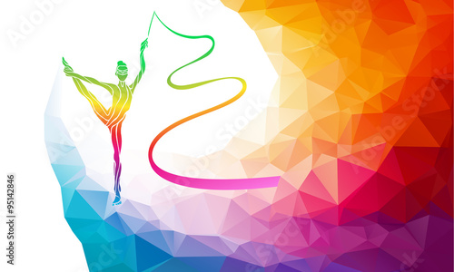 Silhouette of gymnastic girl with ribbon, vector illustration in polygon style