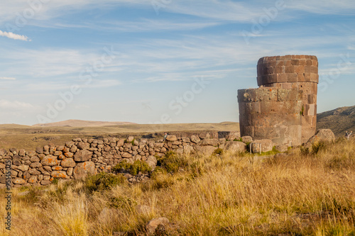 Ruins of funerary towers in Sillustani, Peru photo