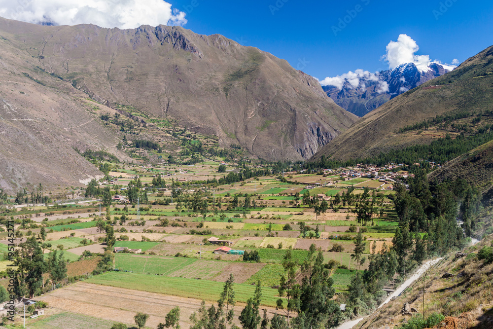Aerial view of Sacred Valley of Incas near Ollantaytambo, Peru