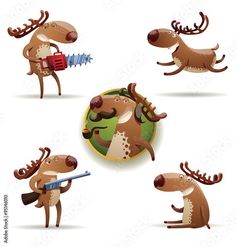 Vector Cute deers set. Cartoon image of five cute brown deers in different poses and with different tools on a white background.