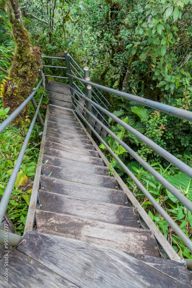 Stairs on a hiking trail to Machay waterfall near Banos, Ecuador