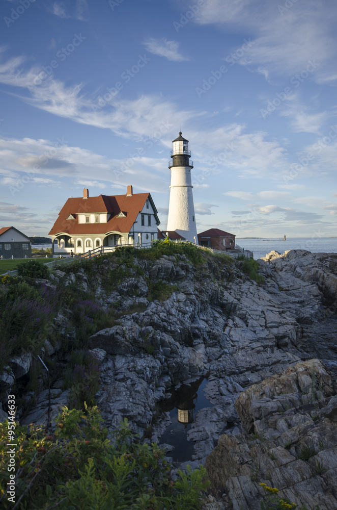 Portland Headlight, Iconic Maine Lighthouse along Rocky Coastline