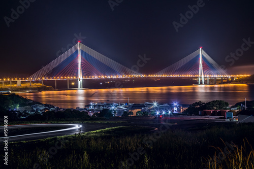 View of Russkiy bridge at night, Vladivostok, Russia