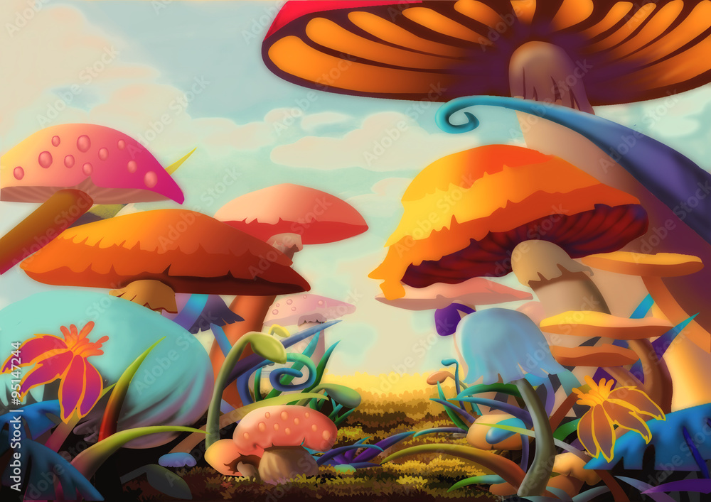 Illustration A Beautiful Mushroom Land. It looks like you can walk