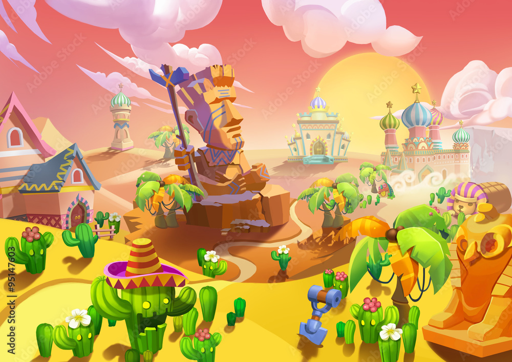 Obraz premium Illustration: The Desert City. At the Entrance, There is a Big Stone Guard. Realistic Cartoon Style Scene / Wallpaper / Background Design.