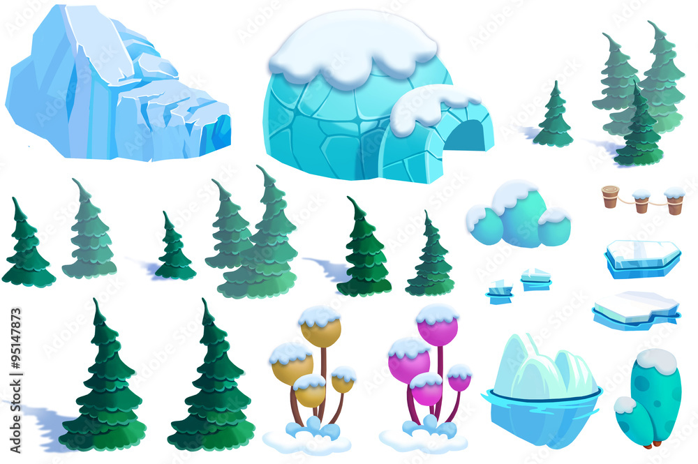 Illustration: Winter Snow Ice World Theme Elements Design Set 2. Game  Assets. Pine Tree, Ice, Snow, Eskimo Igloo. Realistic Cartoon Style  Elements / Illustrations / Objects / Game Assets Design. Stock Illustration  | Adobe Stock