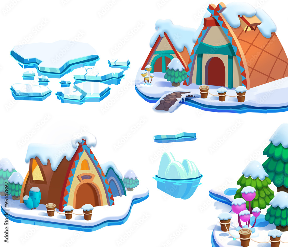 Illustration: Winter Snow Ice World Theme Elements Design . Game Assets.  Pine Tree, Ice, Snow, Cottage, Island. Realistic Cartoon Style Elements /  Illustrations / Objects / Game Assets Design. Stock Illustration | Adobe  Stock