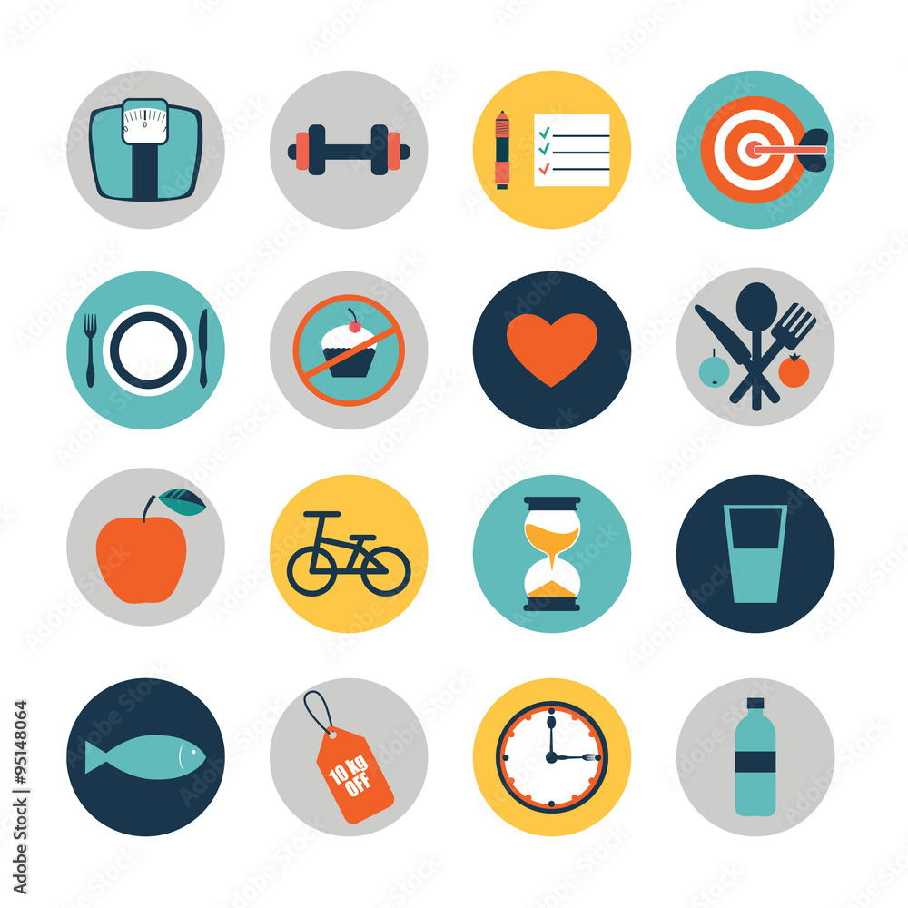 vector flat circle icons design elements of diet and fitness