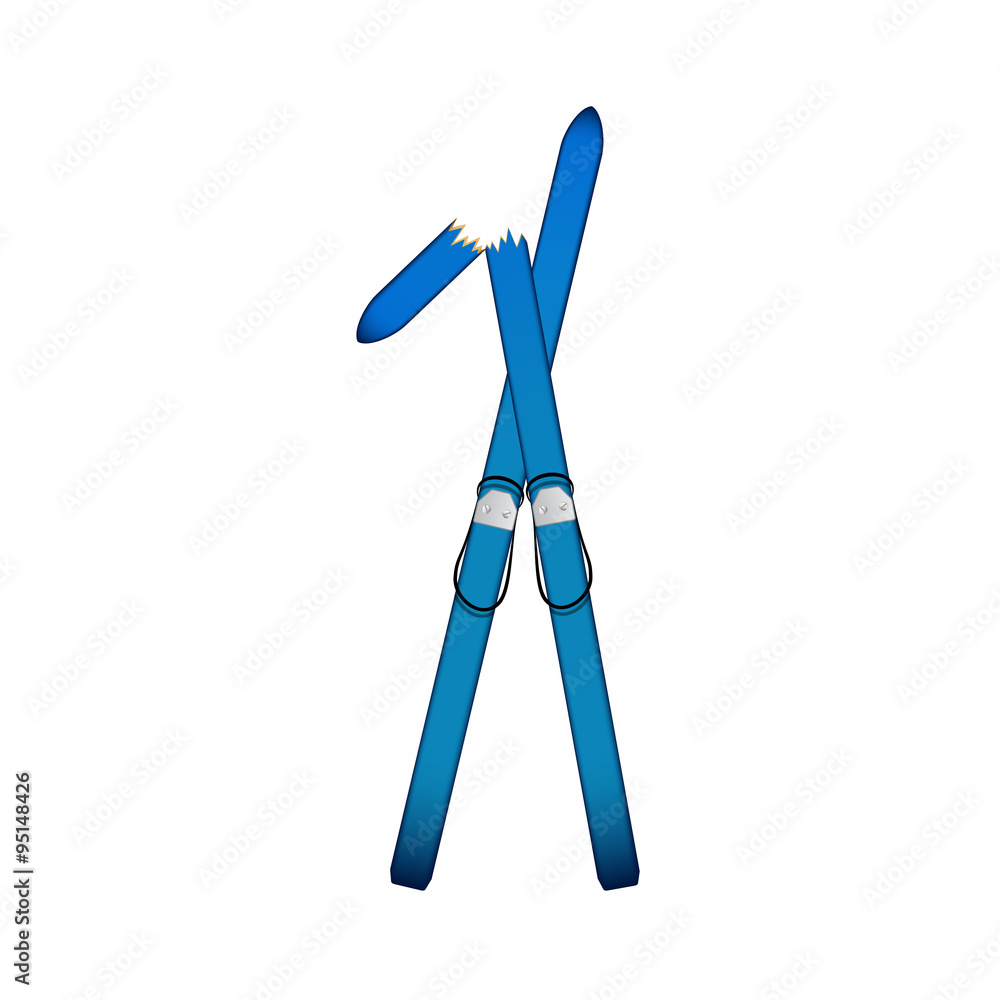 Pair of old wooden alpine skis in blue design, one is broken Pair of old wooden alpine skis in blue design, one is broken