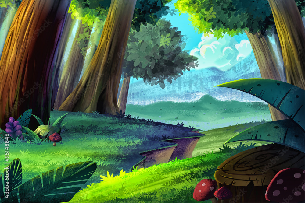 Fototapeta premium Illustration: Cartoon Forest. Realistic Cartoon Style Scene / Wallpaper / Background Design. 