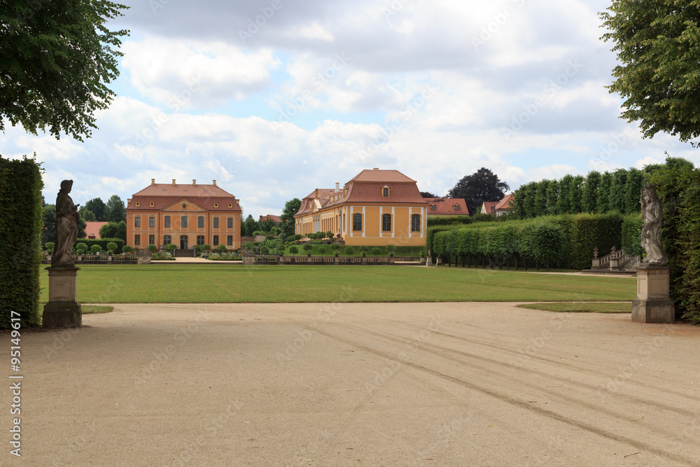 Friedrich palace, orangery and statues at Baroque garden Großsedlitz in Heidenau, Saxony