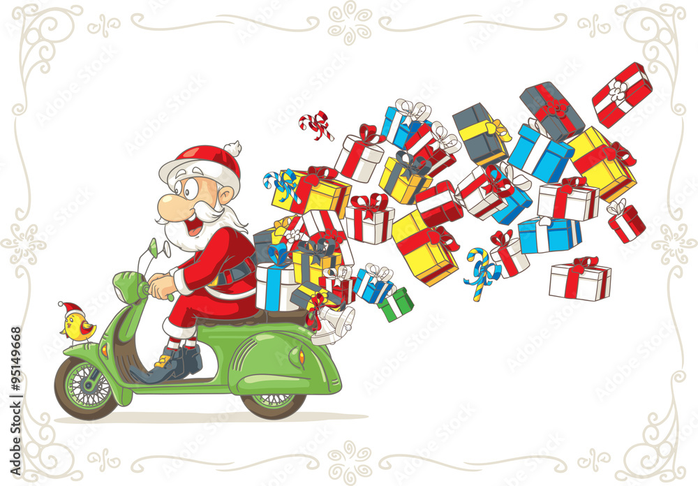 Santa Claus with Presents on Scooter Vector Cartoon Santa Claus with Presents on Scooter Vector Cartoon