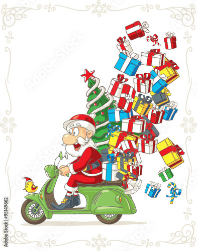 Santa Claus on Scooter Silly Vector Cartoon