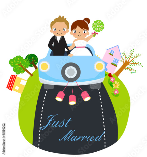 Wedding invitation with funny bride and groom on car driving to their honeymoon
