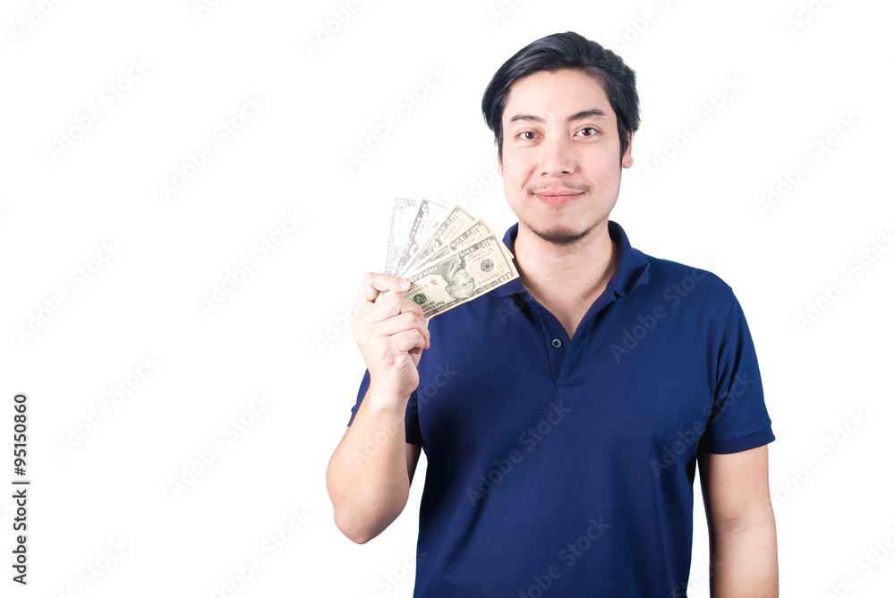 Asian handsome man holding money while standing isolated on whit Asian handsome man holding money while standing isolated on whit