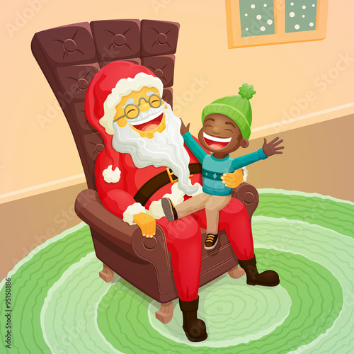 Little black boy asking Santa Claus for a big present