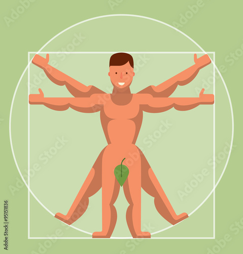 Vector Vitruvian Man. Cartoon image of Vitruvian man with brown hair and green leaf of a capping genitals on a green background.