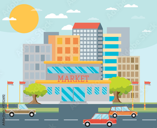 Supermarket or local store and cityscape background. Flat 