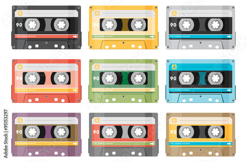 Set of various audio tapes in flat style