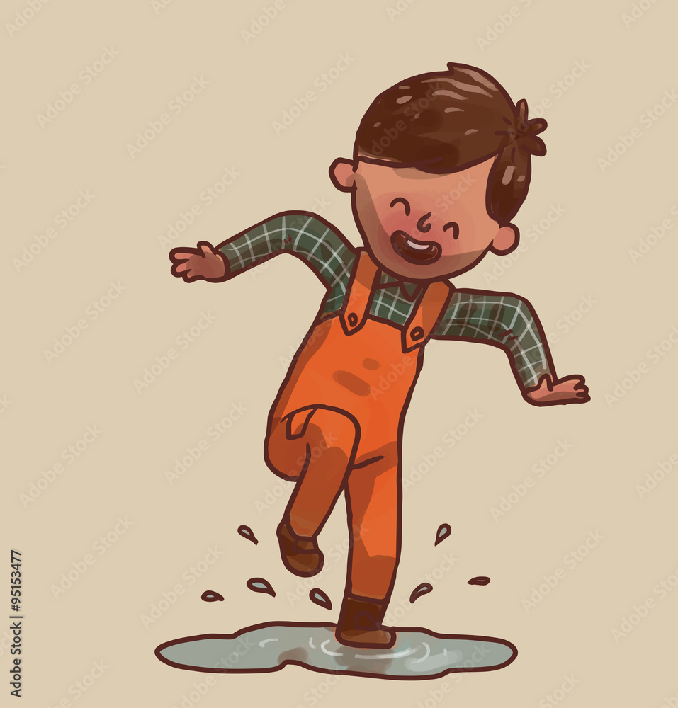 Vector Little boy in a puddle. Cartoon image of a little boy with brown  hair in