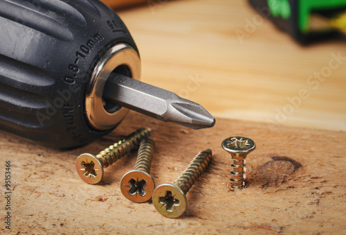Screw being screwed into a piece of wood