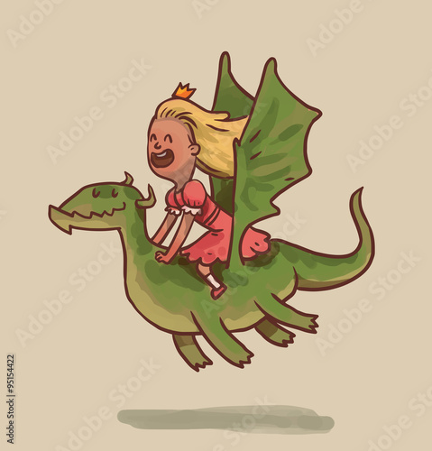 Vector cartoon image of a little princess with blonde hair in a pink dress and a golden crown on her head sitting astride a green flying dragon on a light background.