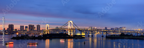 Panorama of Rainbow Bridge at night  Tokyo  Japan