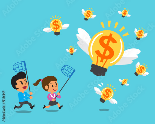 Cartoon business team running to catch money ideas