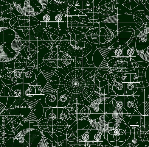 Math technical vector seamless pattern of formulas, geometrical figures, calculations, shuffled together. Scientific endless texture. You can use any color of background