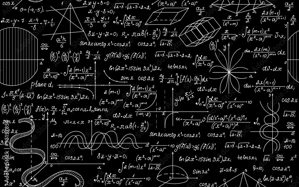 Fototapeta premium Mathematical vector seamless pattern with calculations, plots and task solutions. Scientific vector background