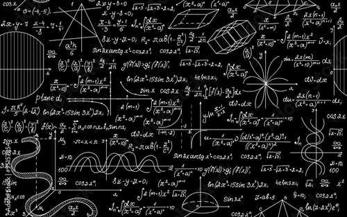 Mathematical vector seamless pattern with calculations, plots and task solutions. Scientific vector background