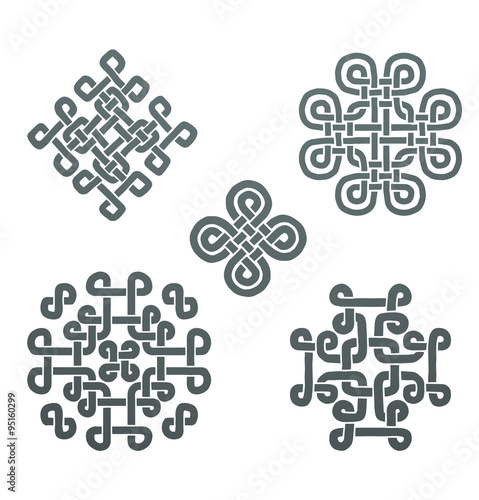 Vector Stone Celtic hand drawing pattern, gray-blue. Image of five gray-blue Celtic hand drawing patterns on a white background.