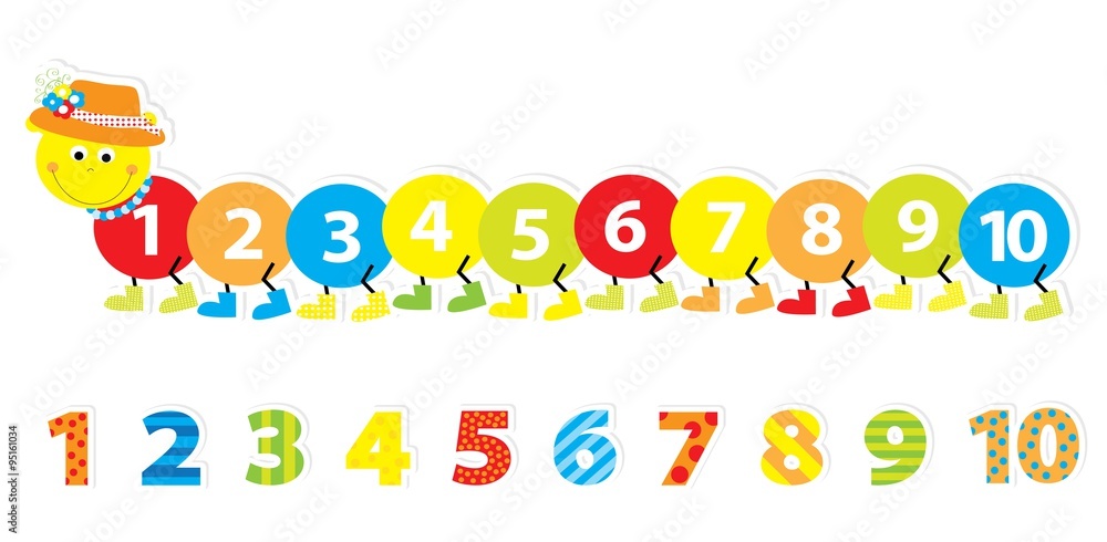 smiling math caterpillar with 1 - 10 numbers / vectors for children
