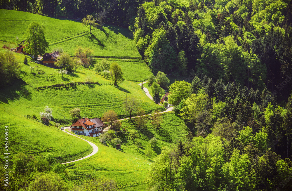 Scenic summer background. Summer mountain valley with forests, green fields and village in Germany, St. Ulrich, Black Forest