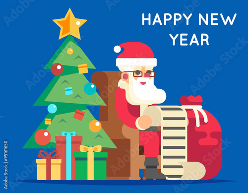 Santa Claus Cartoon Character Tree Bell Gifts List Christmas New Year Icon on Stylish Background Flat Design Greeting Card Vector Illustration