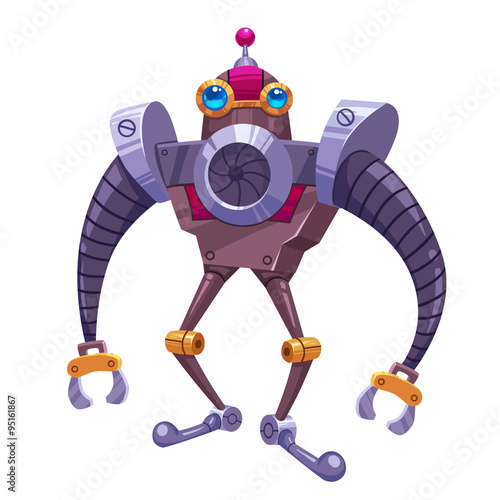 Illustration: The Black Steel Long Arm Robot in white background. Element Creation/Character Design in a Fantastic Imaginary World Called "The king and the bird". Realistic / Cartoon / Fantastic Style