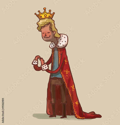 Vector Bad king. Cartoon image of King with blond hair in brown trousers, a blue jacket, black boots, red robe and a gold crown on his head with a sinister smile on a light background.