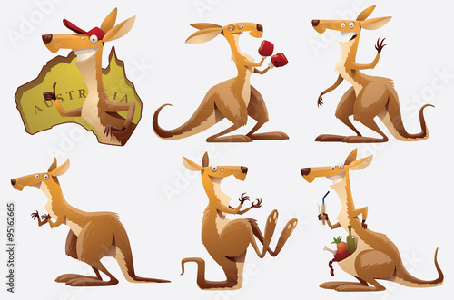 Vector Set of Kangaroos. Cartoon image of six funny orange Kangaroos in various poses on a white background.